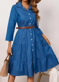 Shirt Collar Denim Blue Button Belted Dress -Ethereal Swim 337674 P 16895899881323