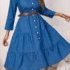 Shirt Collar Denim Blue Button Belted Dress -Ethereal Swim 337674 P 16895899884850