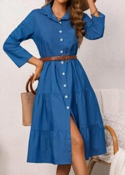 Shirt Collar Denim Blue Button Belted Dress -Ethereal Swim 337674 P 16895899886424
