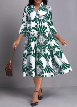 Green Button Leaf Print A Line Dress -Ethereal Swim 338061 P 16904569083320