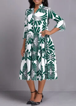 Green Button Leaf Print A Line Dress -Ethereal Swim 338061 P 16904569084933