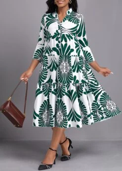 Green Button Leaf Print A Line Dress -Ethereal Swim 338061 P 16904569085932