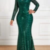 Blackish Green Sequin Long Sleeve Maxi Bodycon Dress -Ethereal Swim 338788 P 16946034317410