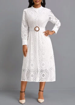 White Button Belted Long Sleeve Round Neck Dress -Ethereal Swim 338855 P 16958952092474