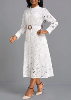 White Button Belted Long Sleeve Round Neck Dress -Ethereal Swim 338855 P 16958952094242