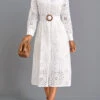 White Button Belted Long Sleeve Round Neck Dress -Ethereal Swim 338855 P 16958952095360