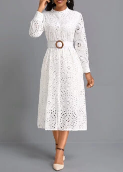 White Button Belted Long Sleeve Round Neck Dress -Ethereal Swim 338855 P 16958952098783