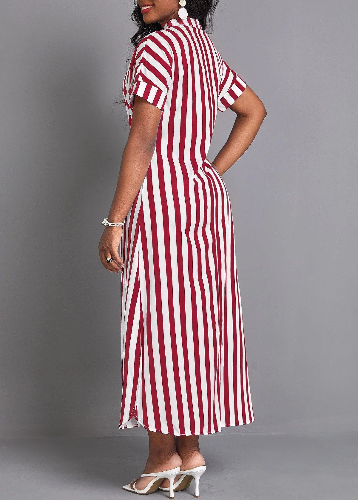 Wine Red Split Striped Maxi Shift Dress 4 Wine Red Split Striped Maxi Shift Dress - Image 2