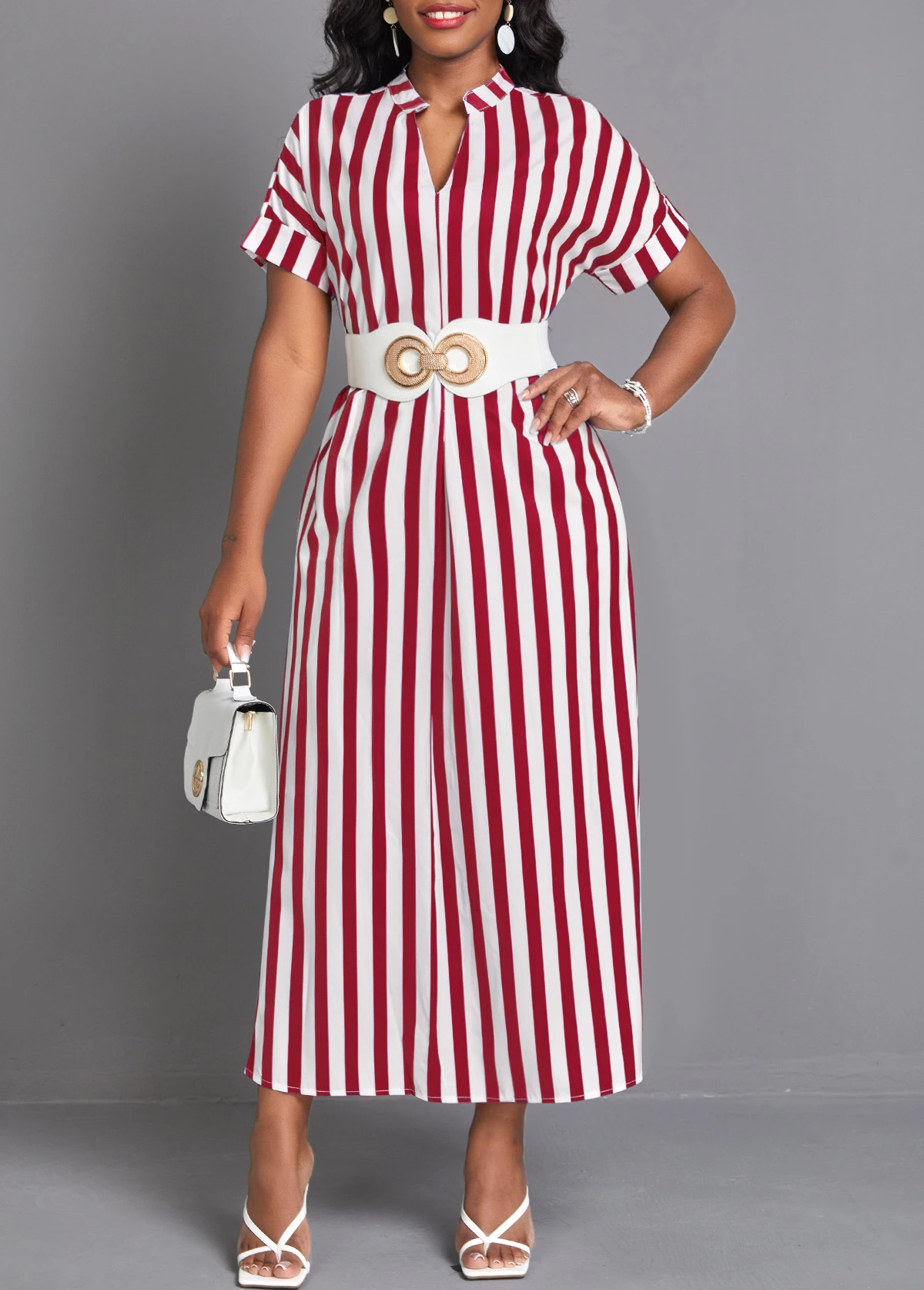 Wine Red Split Striped Maxi Shift Dress 6 Wine Red Split Striped Maxi Shift Dress - Image 4