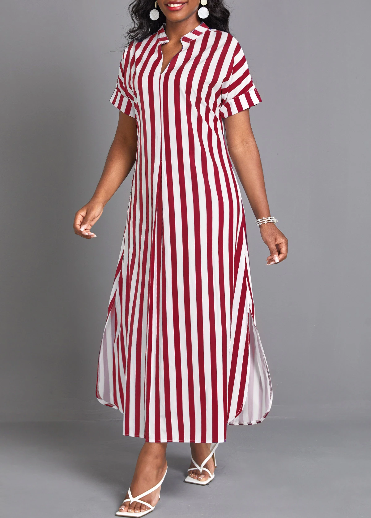Wine Red Split Striped Maxi Shift Dress 5 Wine Red Split Striped Maxi Shift Dress - Image 3