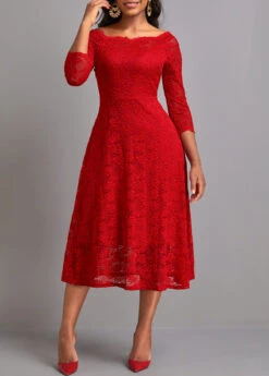 Red Lace Three Quarter Length Sleeve Dress -Ethereal Swim 339700 P 16920054631713