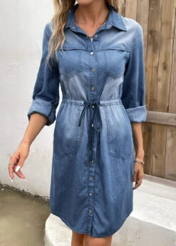 Denim Blue Pocket Long Sleeve Shirt Collar Dress -Ethereal Swim 339836 P 16933603300894