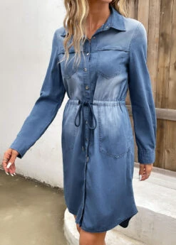 Denim Blue Pocket Long Sleeve Shirt Collar Dress -Ethereal Swim 339836 P 16933603301122