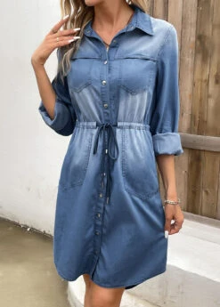 Denim Blue Pocket Long Sleeve Shirt Collar Dress -Ethereal Swim 339836 P 16933603308380