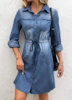 Denim Blue Pocket Long Sleeve Shirt Collar Dress -Ethereal Swim 339836 P 16933603308693