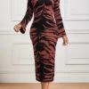 Dark Coffee Zebra Stripe Print Long Sleeve Dress -Ethereal Swim 340949 P 16957216825490