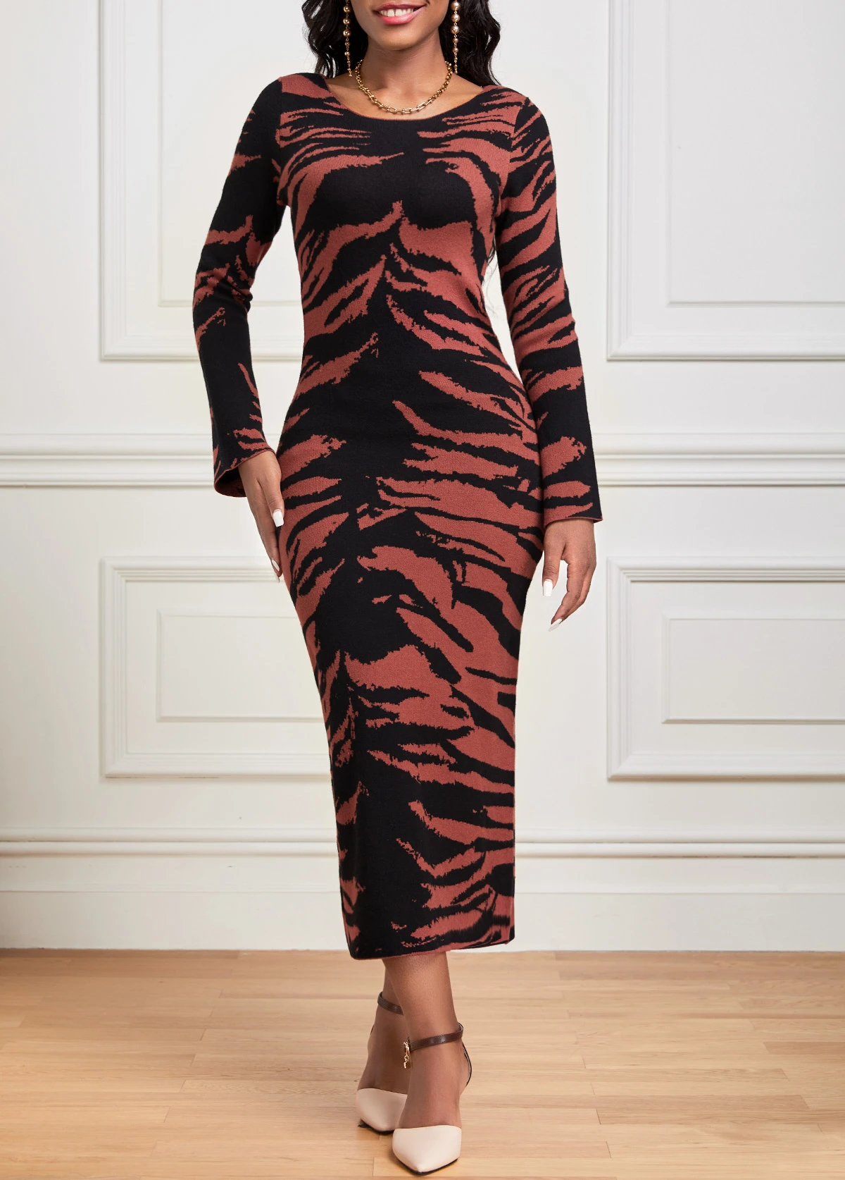 Dark Coffee Zebra Stripe Print Long Sleeve Dress 6 Dark Coffee Zebra Stripe Print Long Sleeve Dress - Image 4