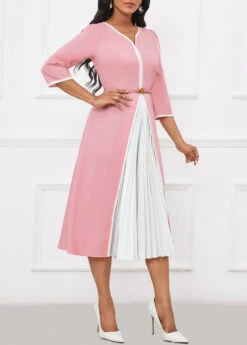 Pink Pleated Belted Three Quarter Length Sleeve Dress -Ethereal Swim 341881 P 16992338151062