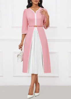 Pink Pleated Belted Three Quarter Length Sleeve Dress -Ethereal Swim 341881 P 16992338157084