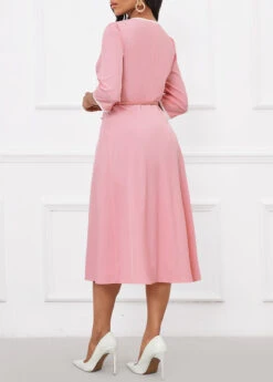 Pink Pleated Belted Three Quarter Length Sleeve Dress -Ethereal Swim 341881 P 16992338157221