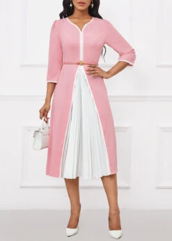 Pink Pleated Belted Three Quarter Length Sleeve Dress -Ethereal Swim 341881 P 16992338159543